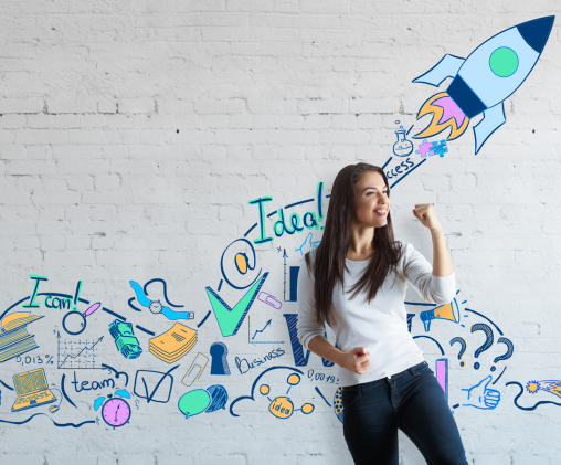 Advancing business Advancing business - image shows happy woman against wall painting of successful business launching